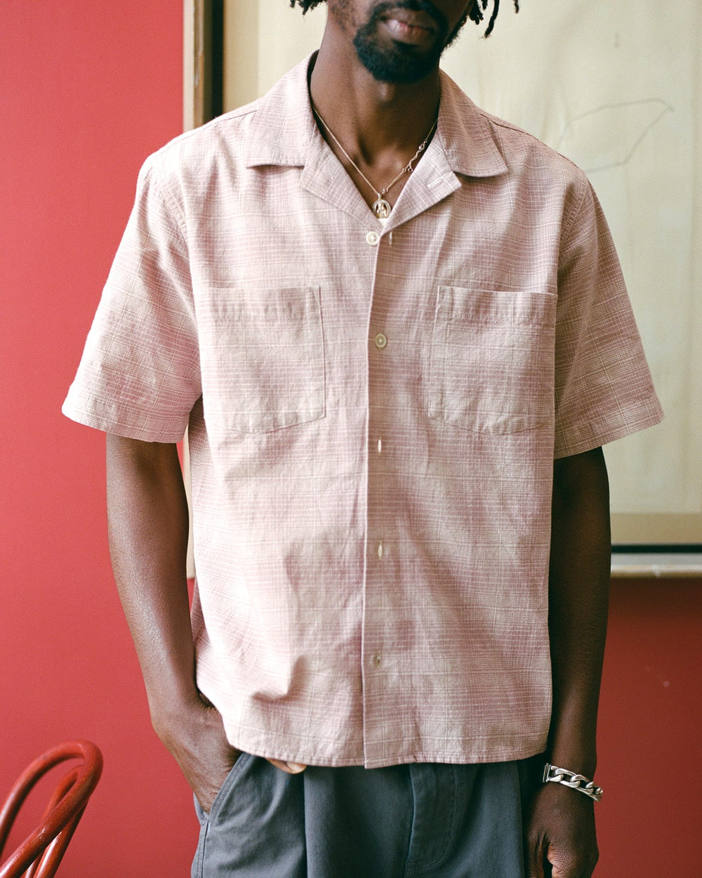 Linen Plaid SS - Pink-Short Sleeve Shirt-Original Madras Trading Co. (OMTC)-Corridor