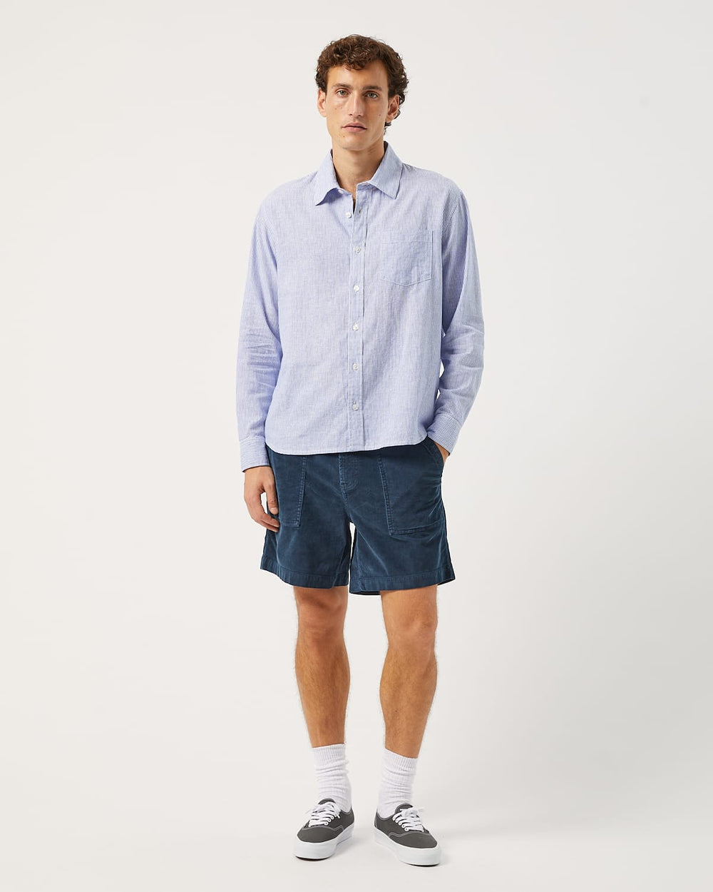 Linen Stripe LS - Blue-Long Sleeve Shirt-Real-Corridor