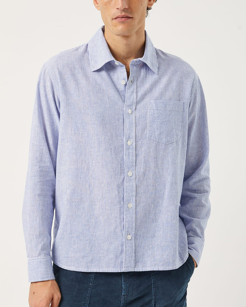 Linen Stripe LS - Blue-Long Sleeve Shirt-Real-Corridor