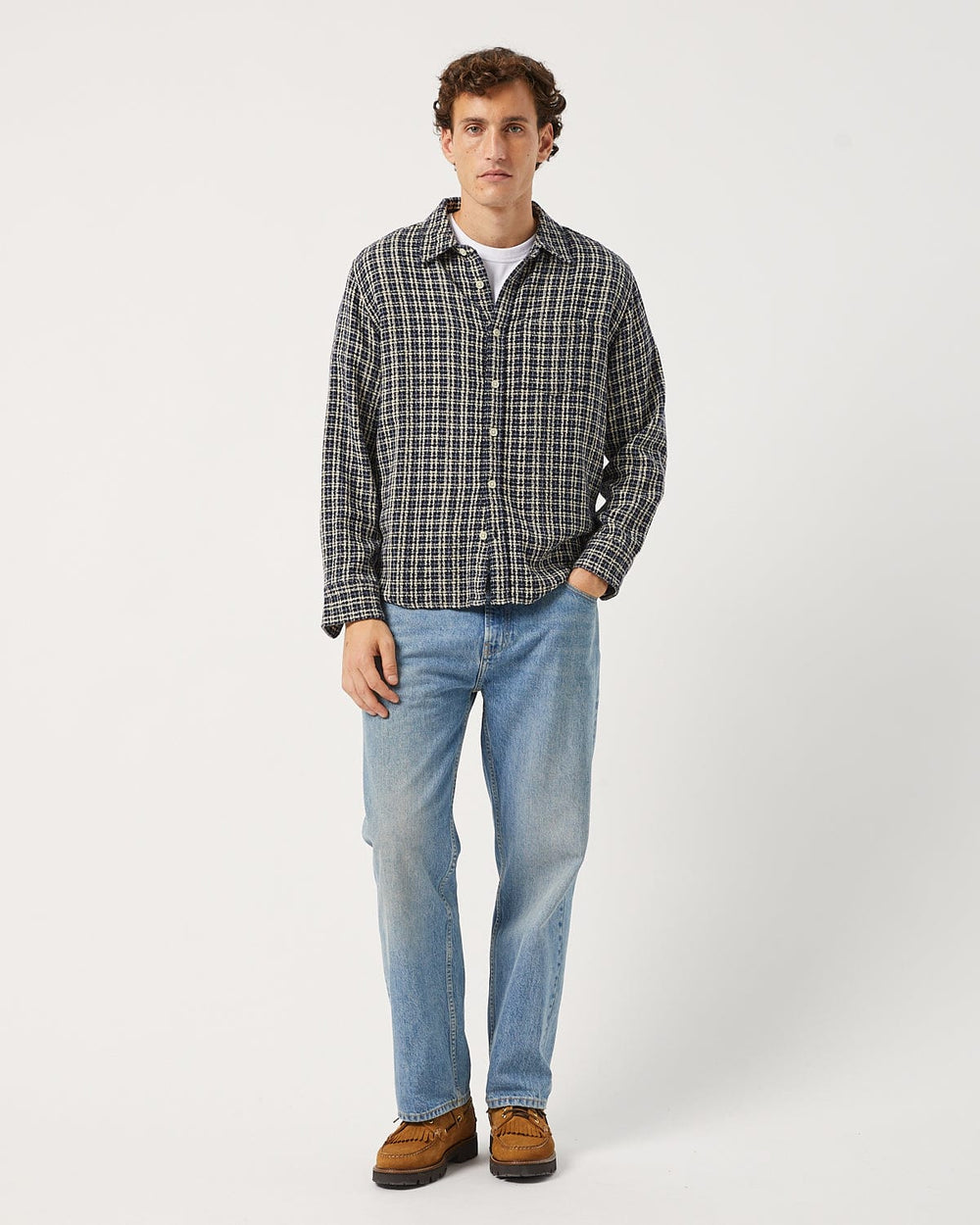 Reverse Tweed Snow Check - Blue-LS w/ 1 Chest Pocket-Original Madras Trading Co. (OMTC)-Corridor
