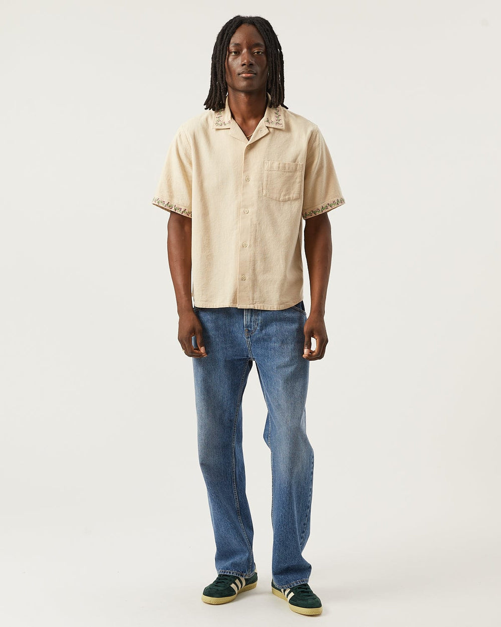Hopsack Embroidered SS Camp - Khaki-SS w/ Camp Collar-OMTC-Corridor
